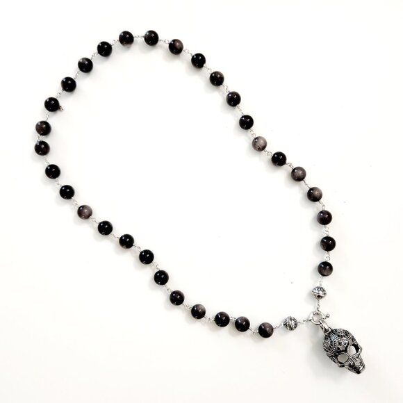 SILVER OBSIDIAN NECKLACE W/ 925 SILVER SKULL --24" Inches - Picture 4 of 5